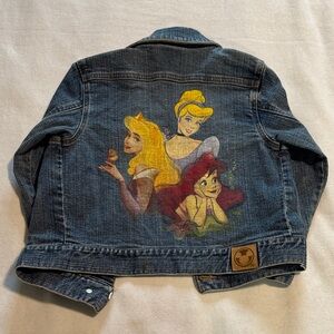 Disney Girls Blue Denim Jacket with Yellow, Red and Blonde Princess Art